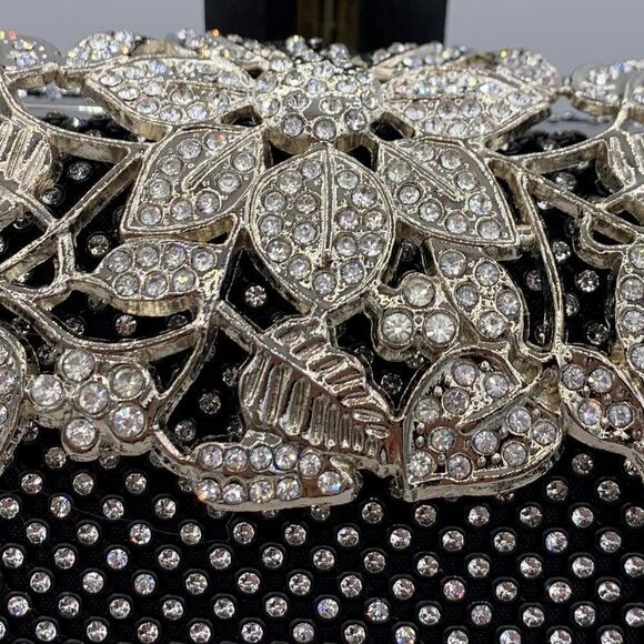 NWOT, black evening clutch, cross body bag, purse, rhinestones, shoulder chain - Picture 5 of 14